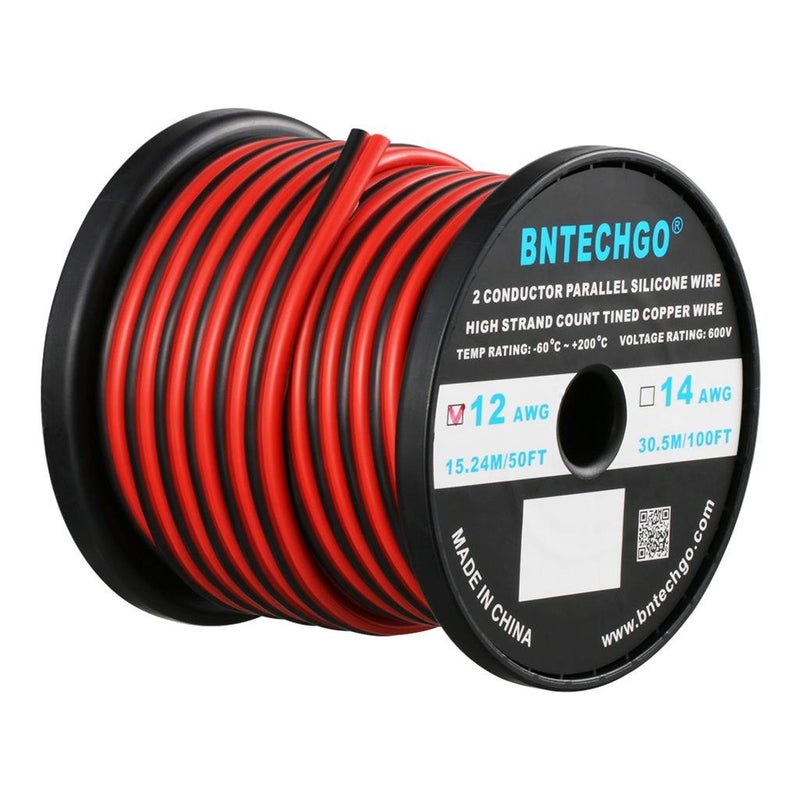 BNTECHGO 12 Gauge Flexible 2 Conductor Parallel Silicone Wire Spool Red Black High Resistant 200 deg C 600V for Single Color LED Strip Extension Cable Cord,Model,50ft Stranded Tinned Copper Wire - Image 1